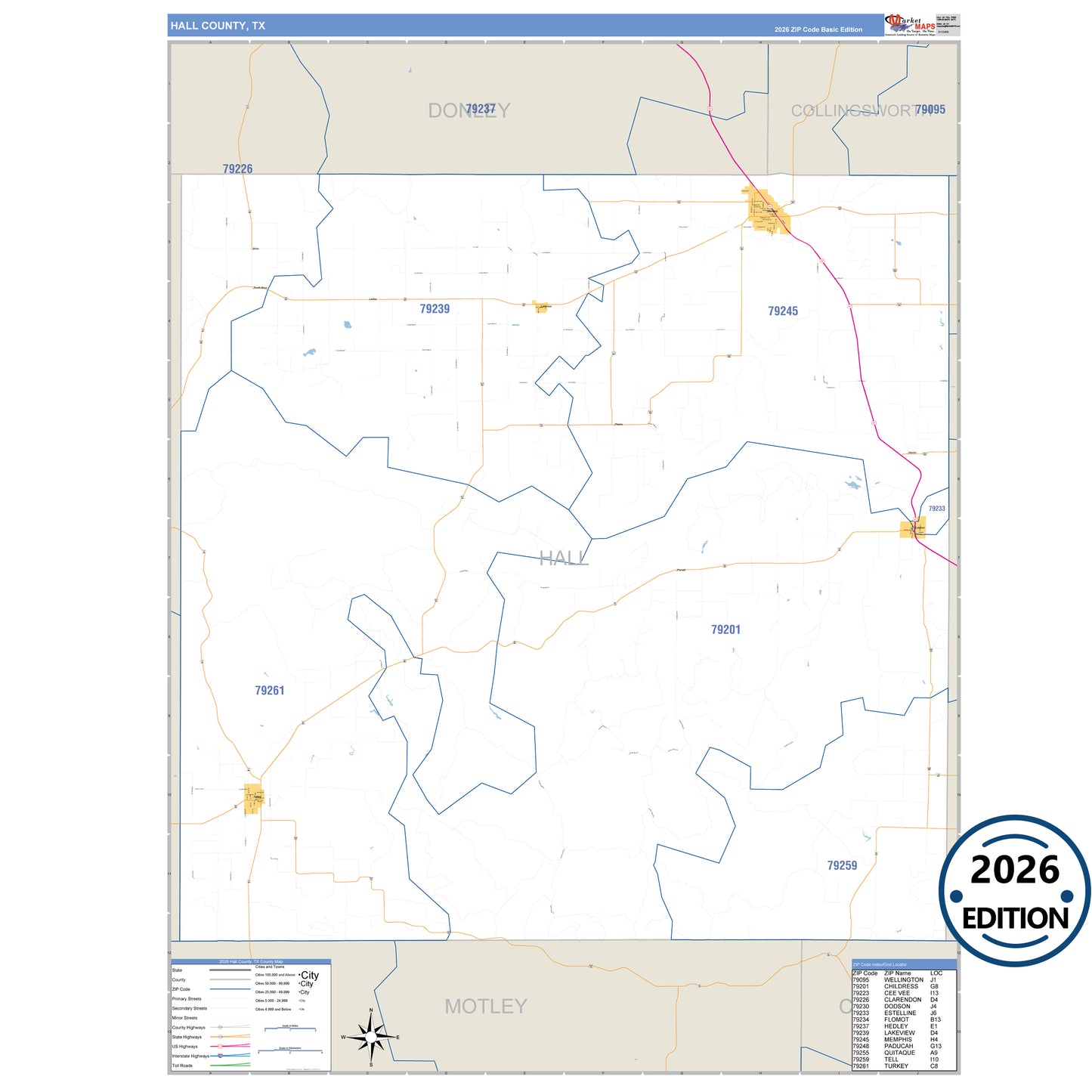 Hall County, TX Business Reference 5 Digit ZIP Code Wall Map
