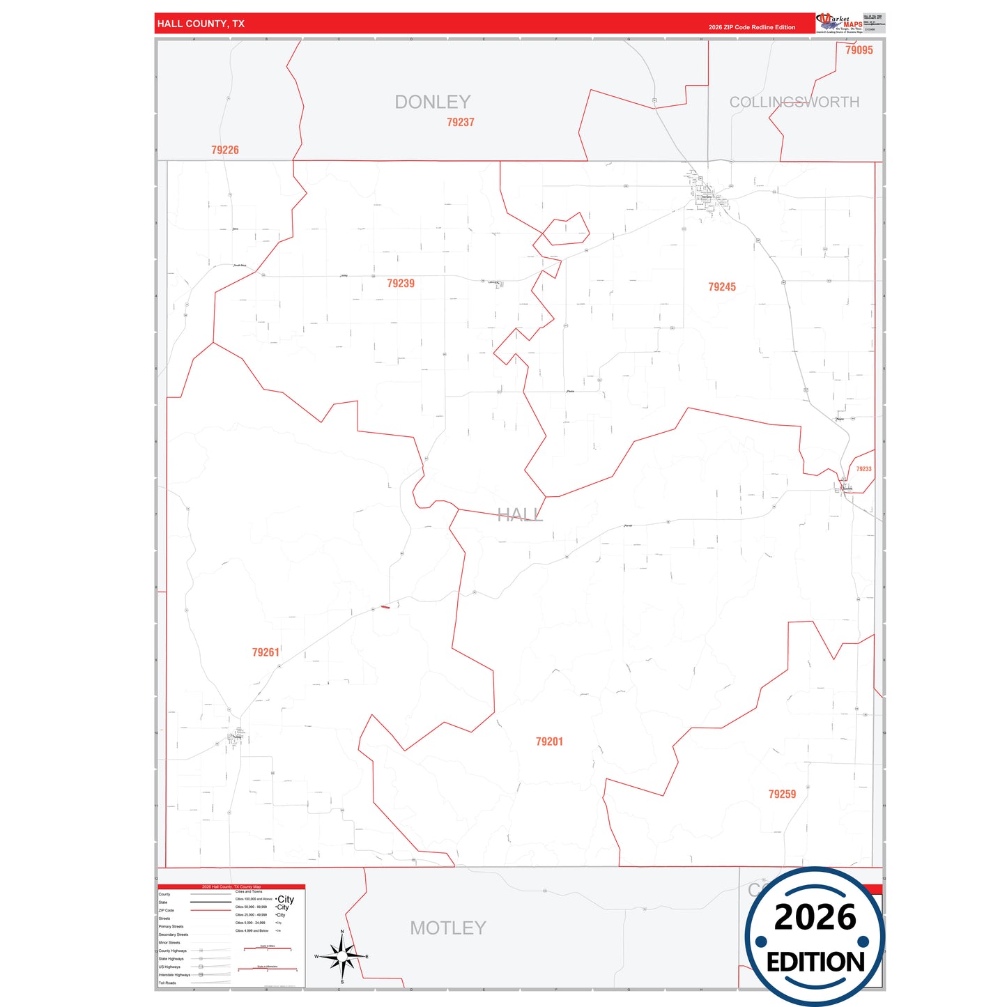 Hall County, TX Red Line 5 Digit ZIP Code Wall Map