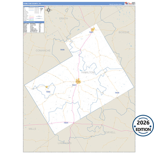 Hamilton County, TX Business Reference 5 Digit ZIP Code Wall Map