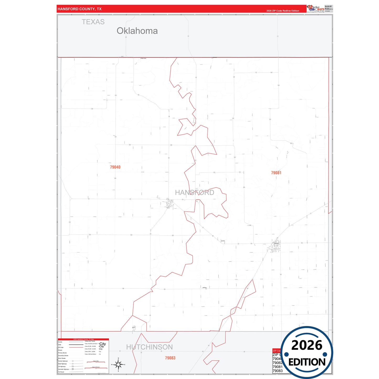Hansford County, TX Red Line 5 Digit ZIP Code Wall Map