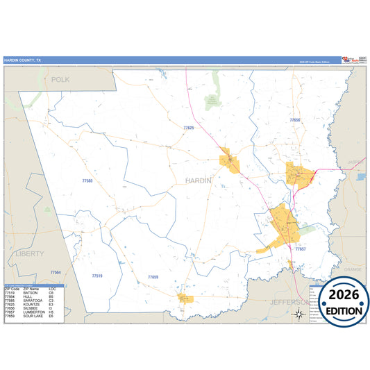 Hardin County, TX Business Reference 5 Digit ZIP Code Wall Map