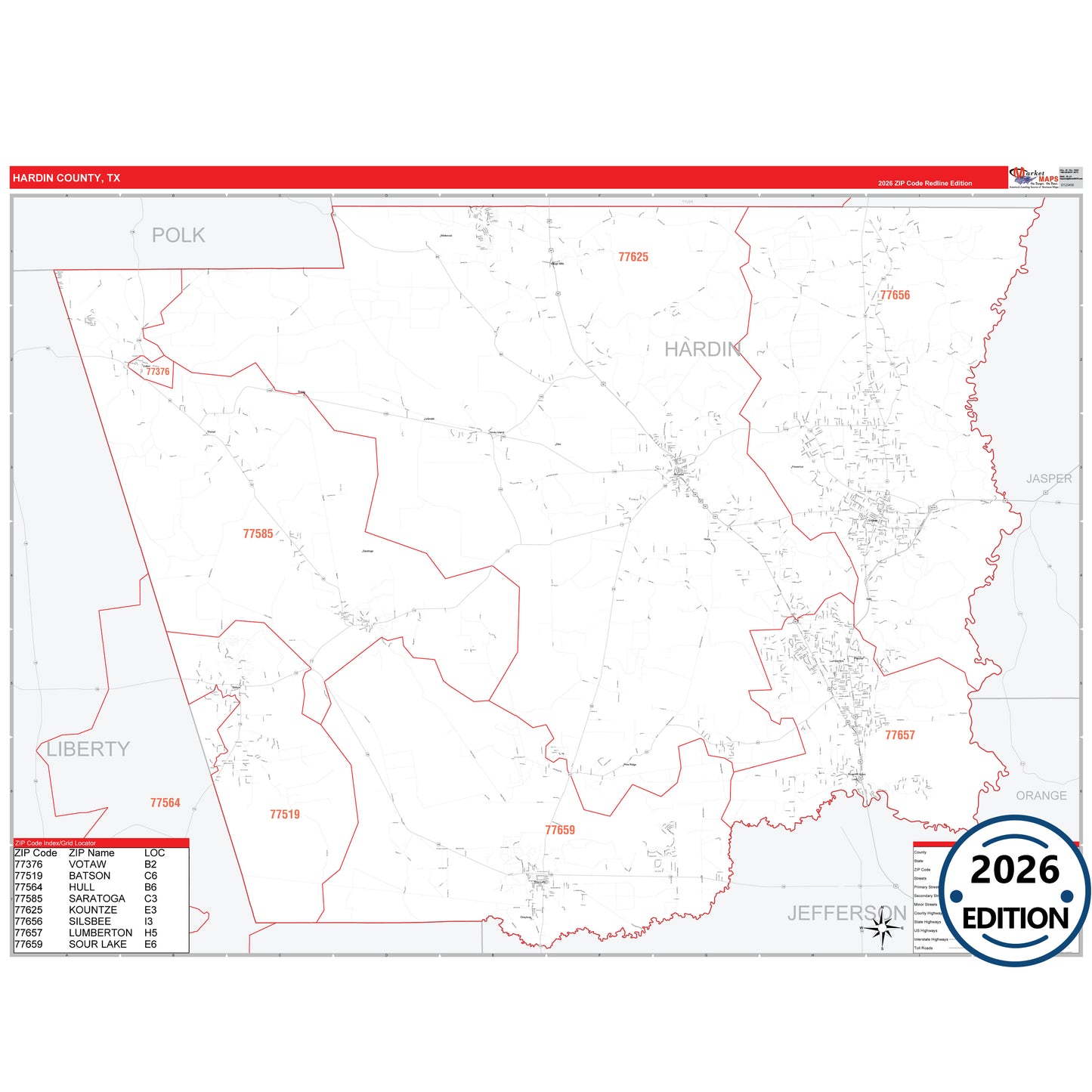 Hardin County, TX Red Line 5 Digit ZIP Code Wall Map
