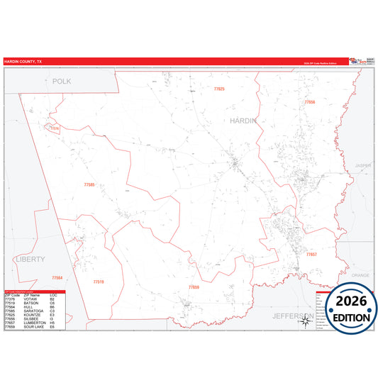 Hardin County, TX Red Line 5 Digit ZIP Code Wall Map