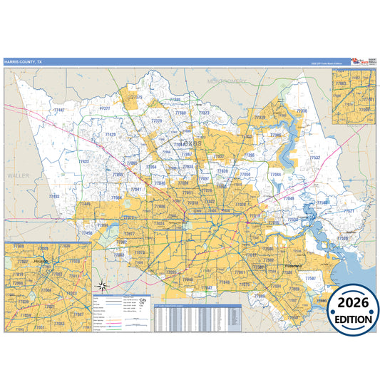 Harris County, TX Business Reference 5 Digit ZIP Code Wall Map