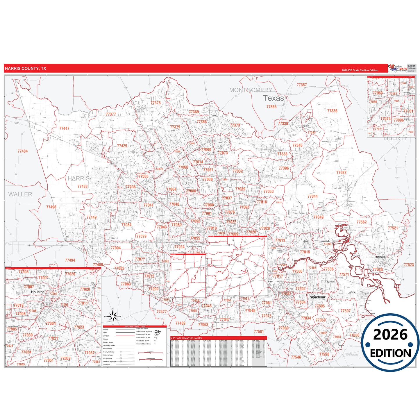 Harris County, TX Red Line 5 Digit ZIP Code Wall Map