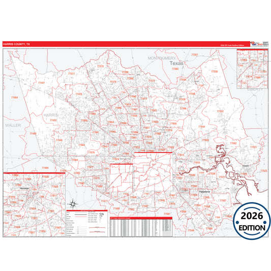 Harris County, TX Red Line 5 Digit ZIP Code Wall Map
