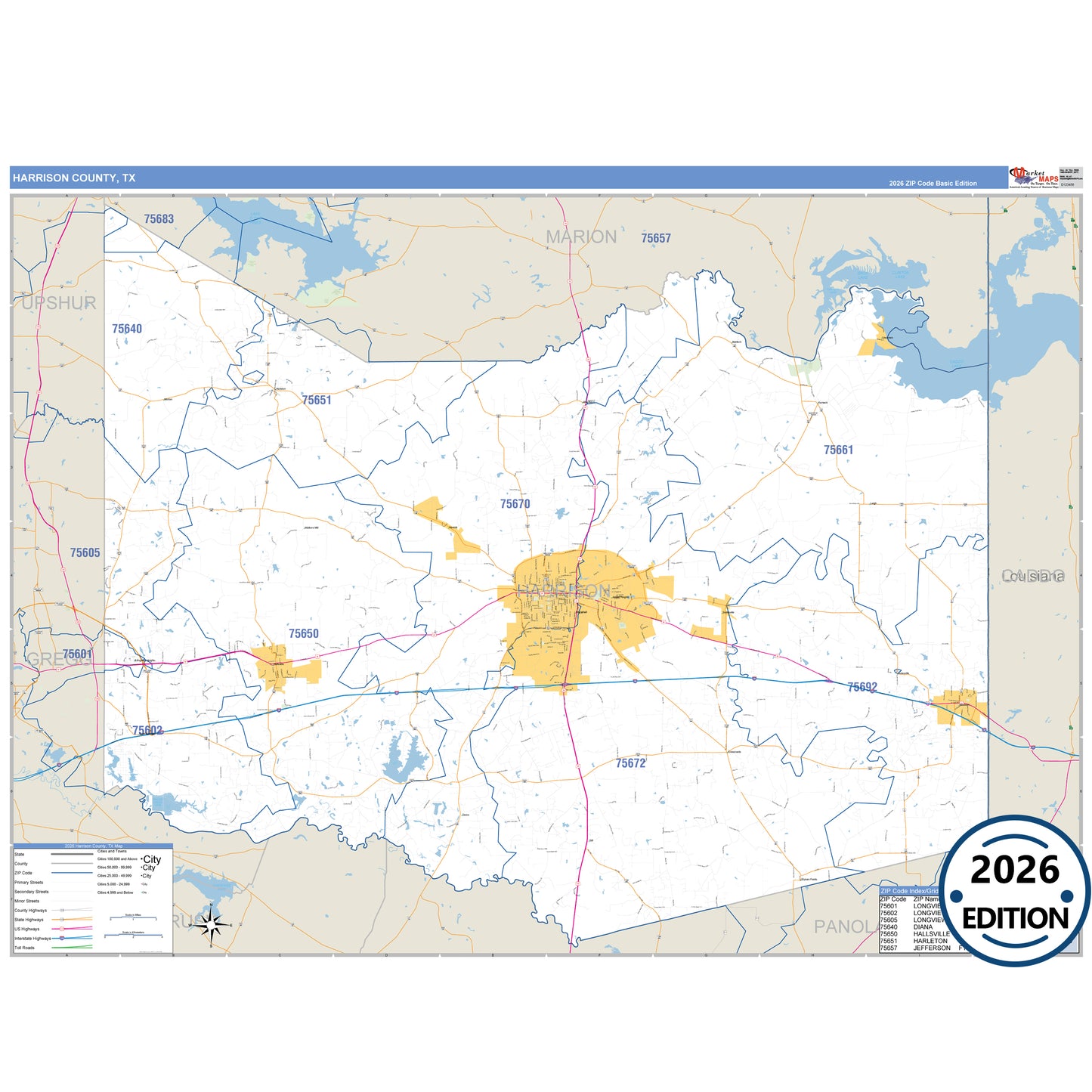 Harrison County, TX Business Reference 5 Digit ZIP Code Wall Map