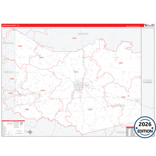 Harrison County, TX Red Line 5 Digit ZIP Code Wall Map