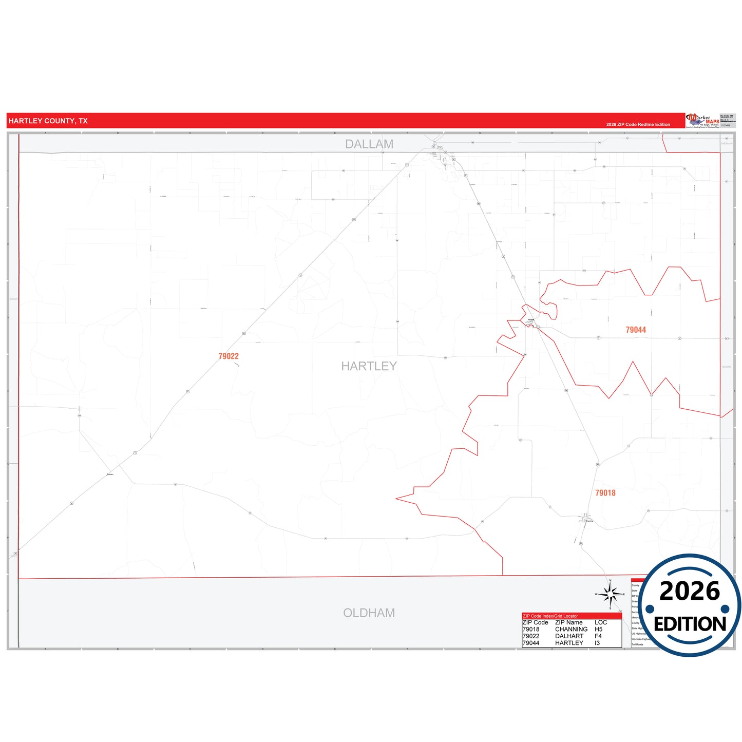 Hartley County, TX Red Line 5 Digit ZIP Code Wall Map