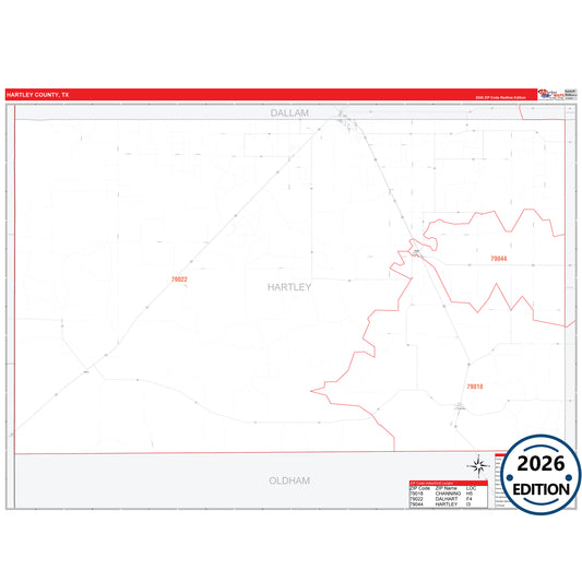 Hartley County, TX Red Line 5 Digit ZIP Code Wall Map