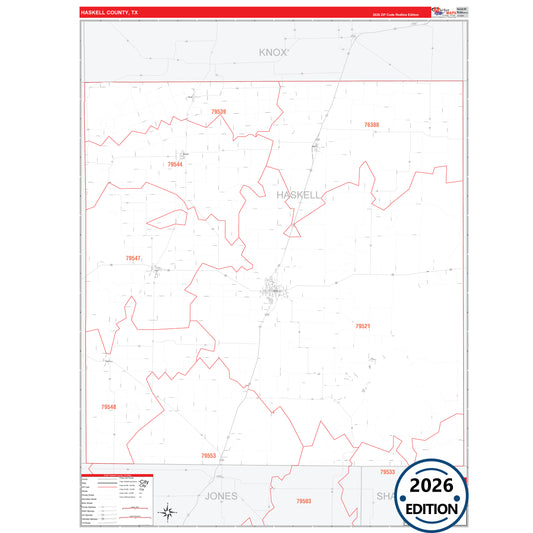 Haskell County, TX Red Line 5 Digit ZIP Code Wall Map