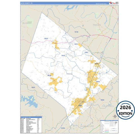 Hays County, TX Business Reference 5 Digit ZIP Code Wall Map