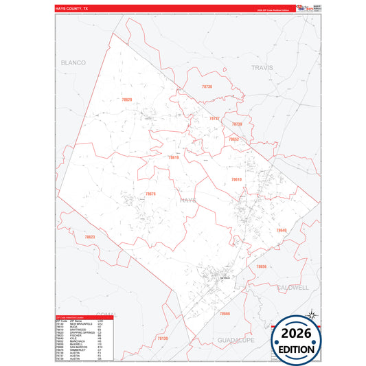 Hays County, TX Red Line 5 Digit ZIP Code Wall Map