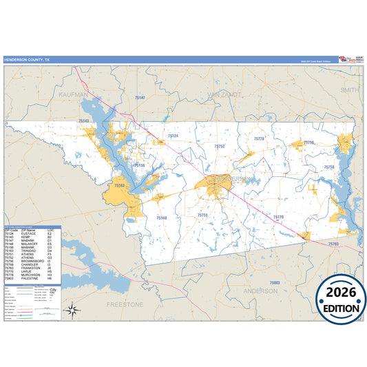 Henderson County, TX Business Reference 5 Digit ZIP Code Wall Map