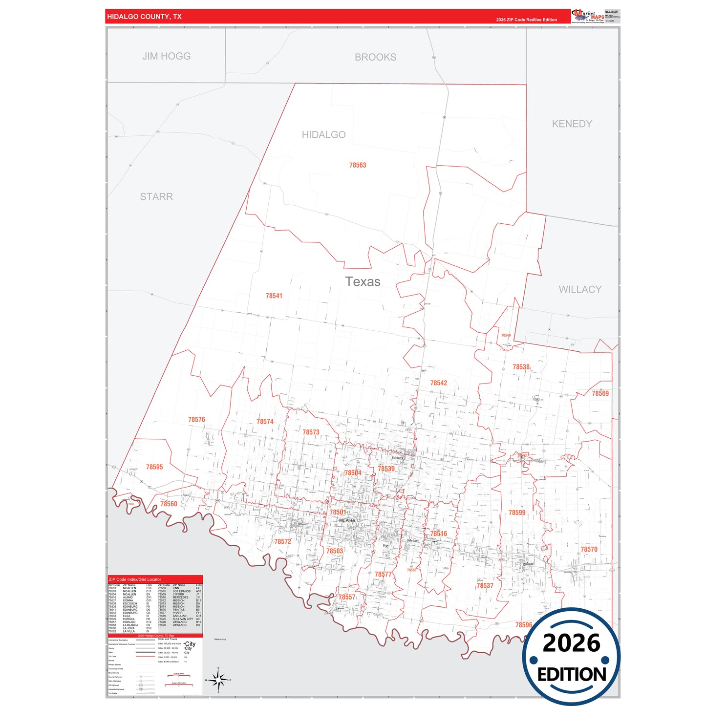 Hidalgo County, TX Red Line 5 Digit ZIP Code Wall Map