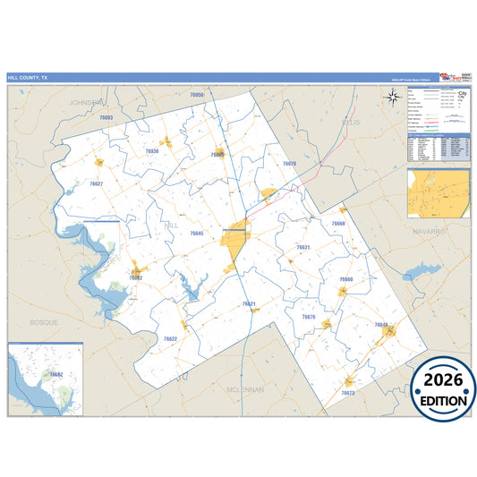 Hill County, TX Business Reference 5 Digit ZIP Code Wall Map
