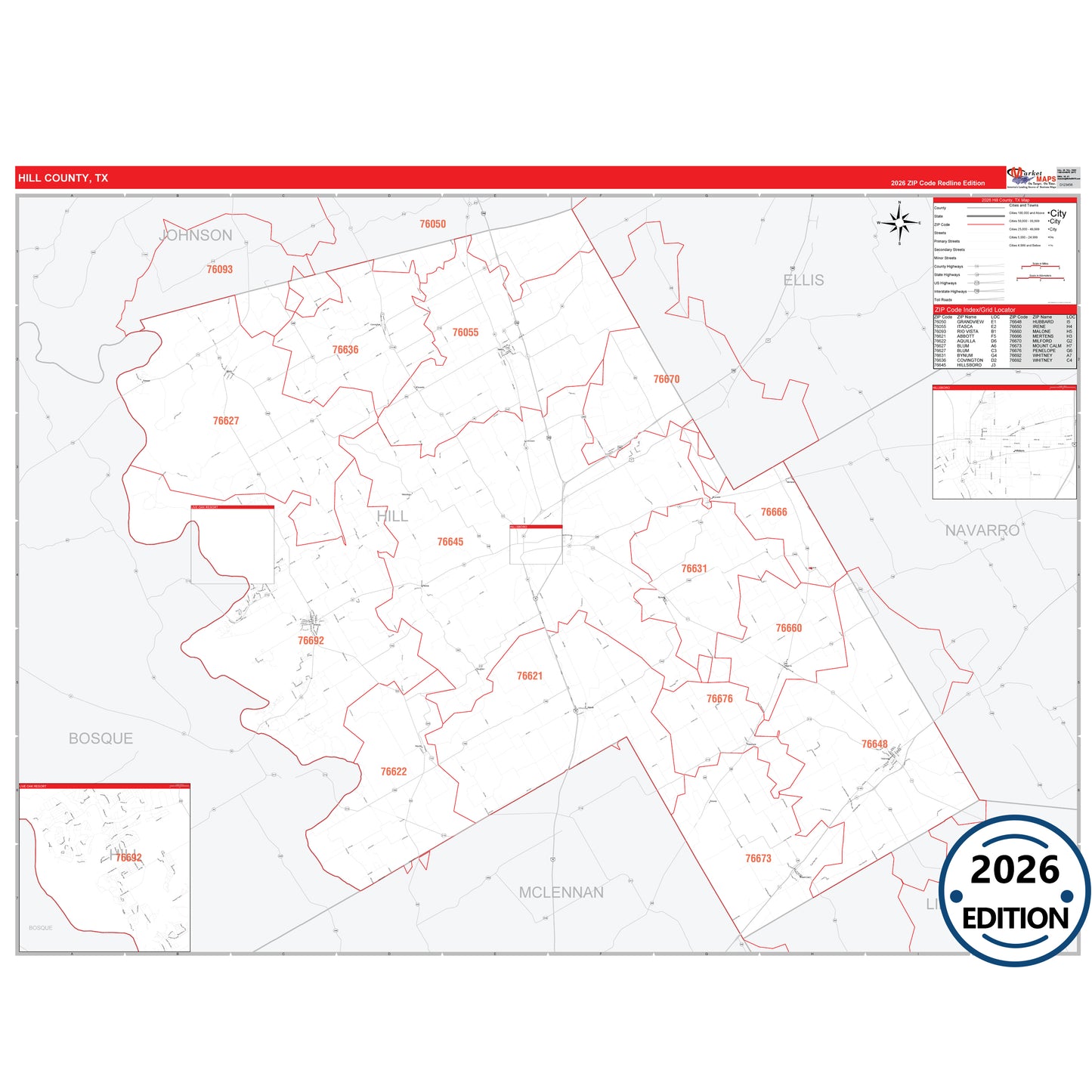 Hill County, TX Red Line 5 Digit ZIP Code Wall Map
