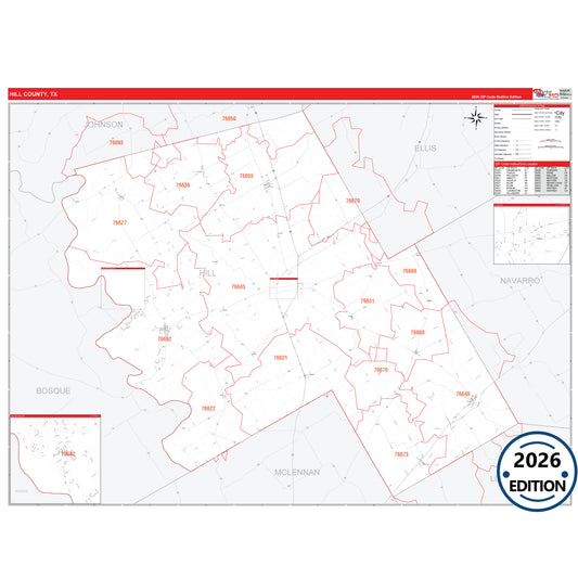 Hill County, TX Red Line 5 Digit ZIP Code Wall Map