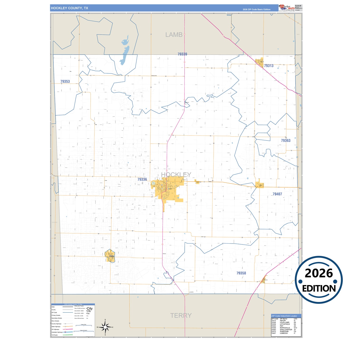 Hockley County, TX Business Reference 5 Digit ZIP Code Wall Map