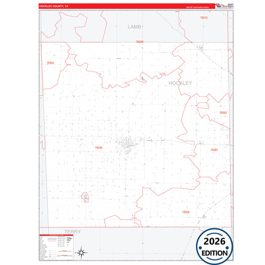 Hockley County, TX Red Line 5 Digit ZIP Code Wall Map