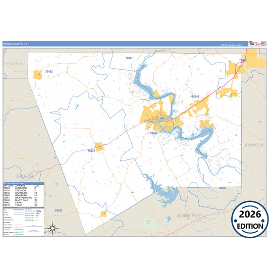 Hood County, TX Business Reference 5 Digit ZIP Code Wall Map