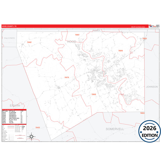 Hood County, TX Red Line 5 Digit ZIP Code Wall Map