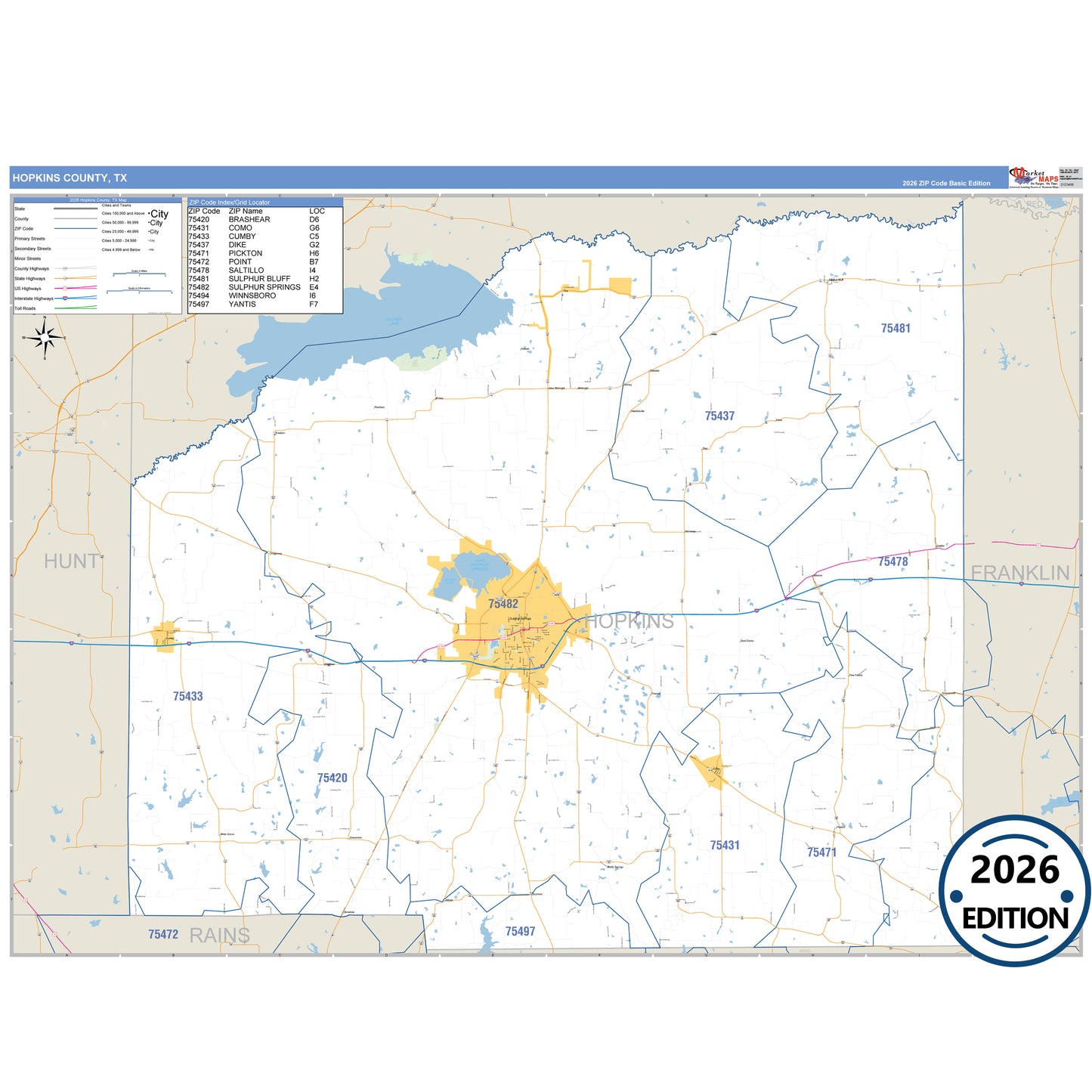Hopkins County, TX Business Reference 5 Digit ZIP Code Wall Map