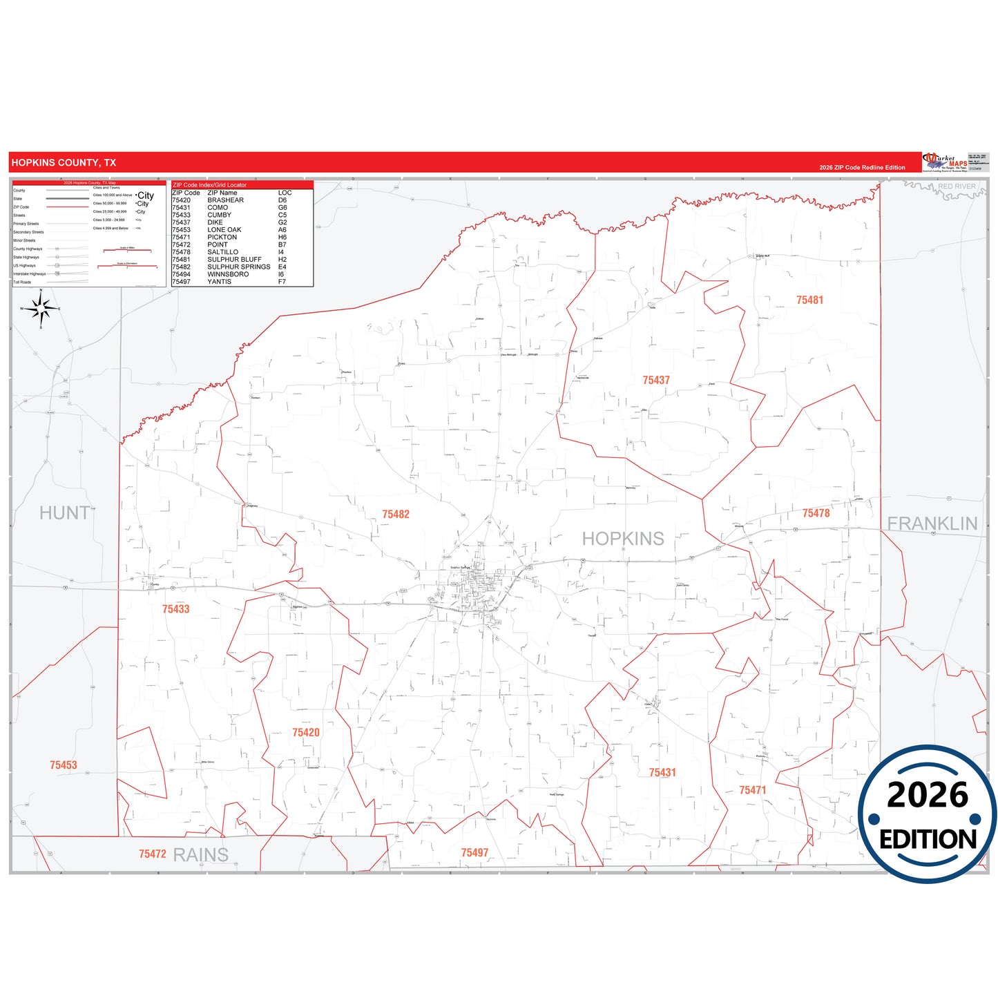 Hopkins County, TX Red Line 5 Digit ZIP Code Wall Map