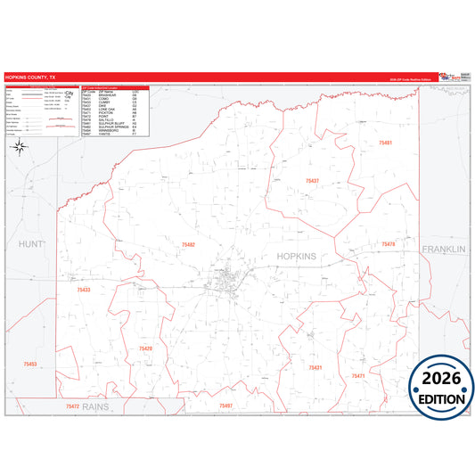 Hopkins County, TX Red Line 5 Digit ZIP Code Wall Map