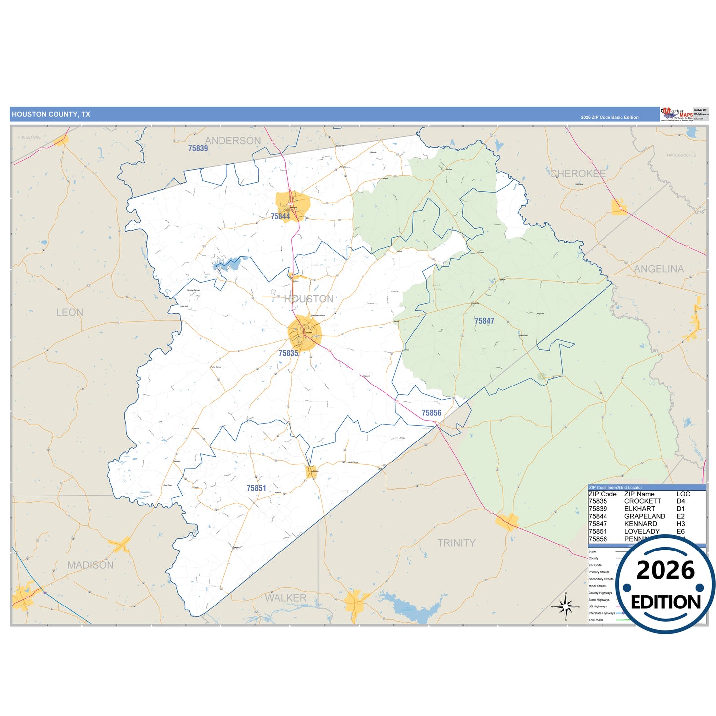 Houston County, TX Business Reference 5 Digit ZIP Code Wall Map