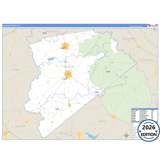 Houston County, TX Business Reference 5 Digit ZIP Code Wall Map