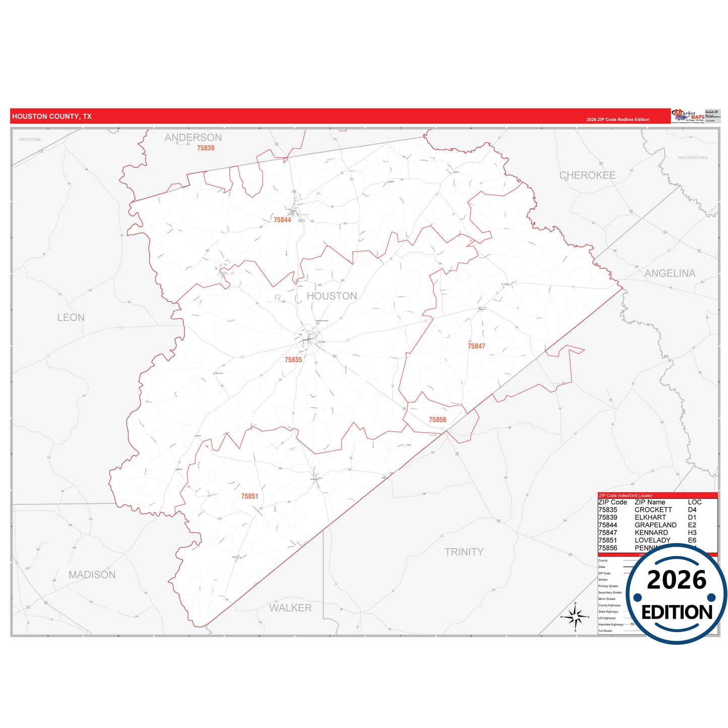 Houston County, TX Red Line 5 Digit ZIP Code Wall Map