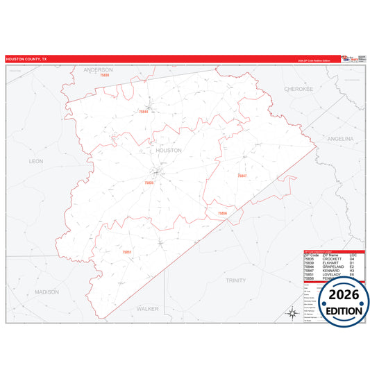Houston County, TX Red Line 5 Digit ZIP Code Wall Map