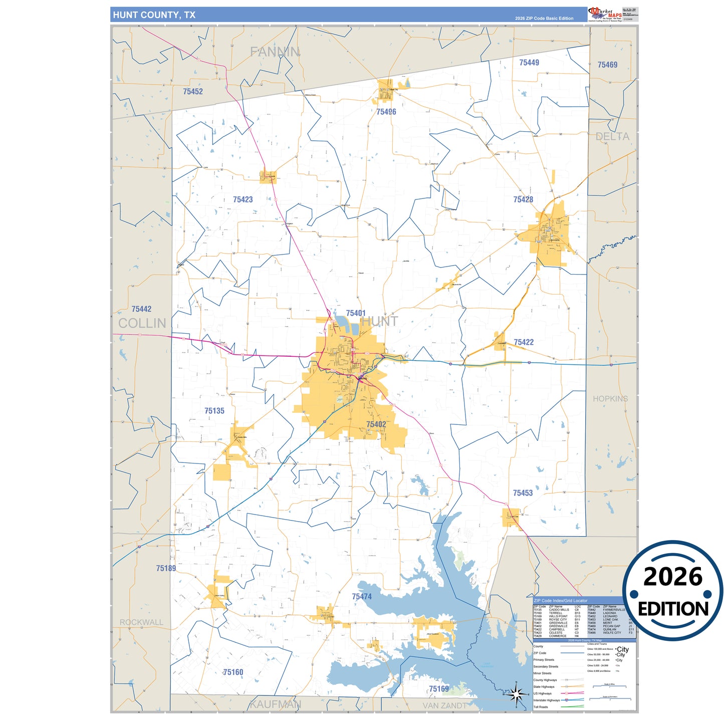 Hunt County, TX Business Reference 5 Digit ZIP Code Wall Map