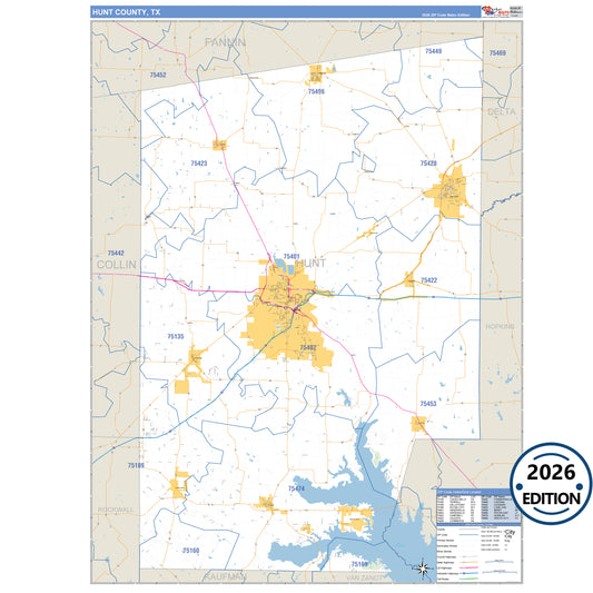 Hunt County, TX Business Reference 5 Digit ZIP Code Wall Map