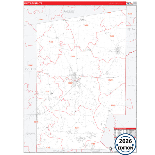 Hunt County, TX Red Line 5 Digit ZIP Code Wall Map