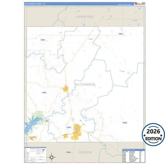 Hutchinson County, TX Business Reference 5 Digit ZIP Code Wall Map