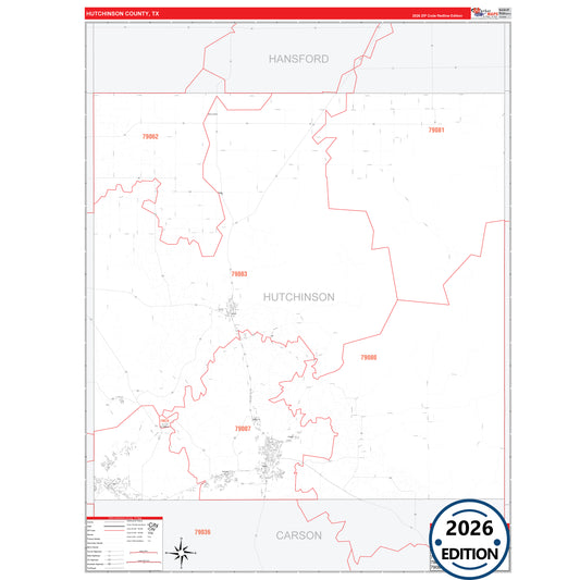 Hutchinson County, TX Red Line 5 Digit ZIP Code Wall Map