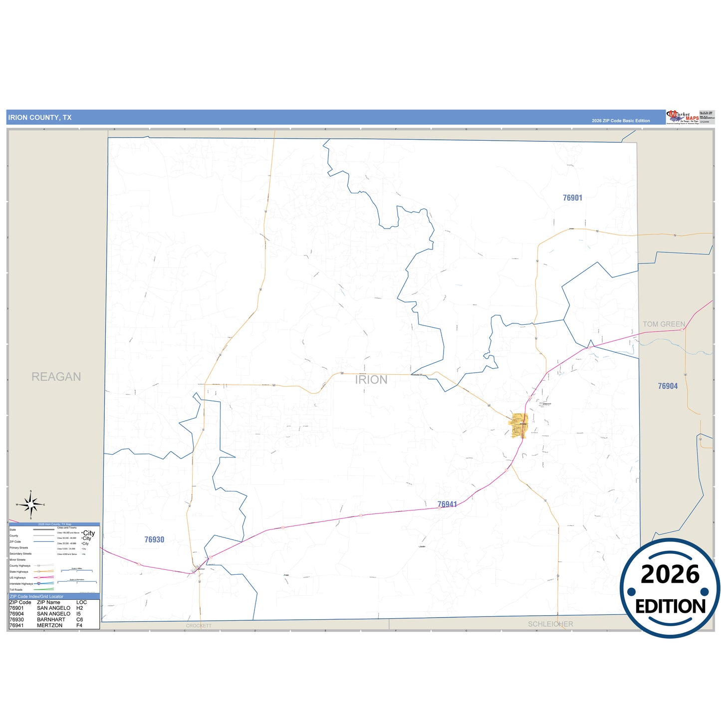 Irion County, TX Business Reference 5 Digit ZIP Code Wall Map