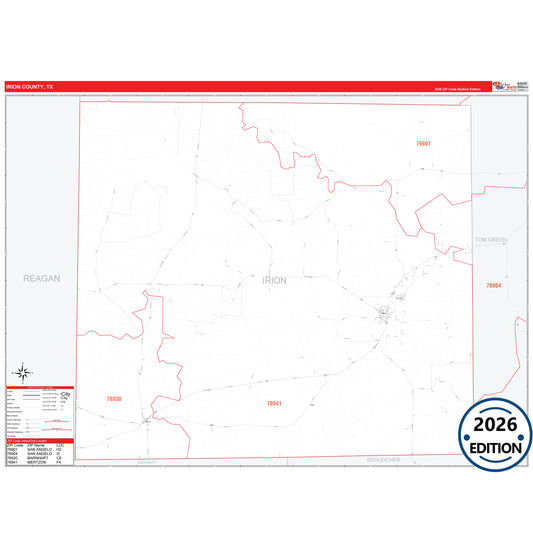 Irion County, TX Red Line 5 Digit ZIP Code Wall Map