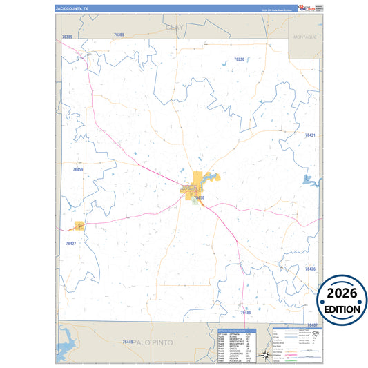 Jack County, TX Business Reference 5 Digit ZIP Code Wall Map