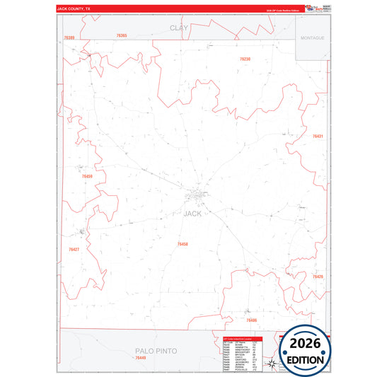 Jack County, TX Red Line 5 Digit ZIP Code Wall Map