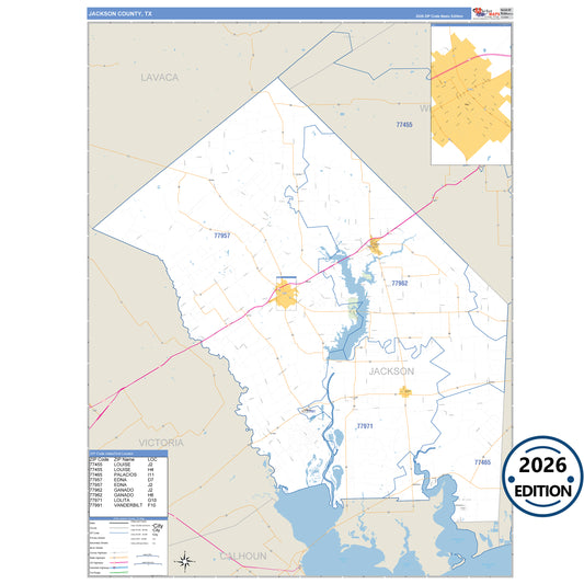 Jackson County, TX Business Reference 5 Digit ZIP Code Wall Map