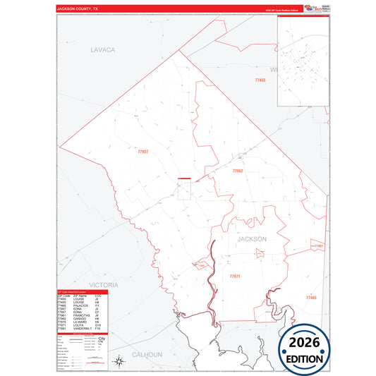 Jackson County, TX Red Line 5 Digit ZIP Code Wall Map