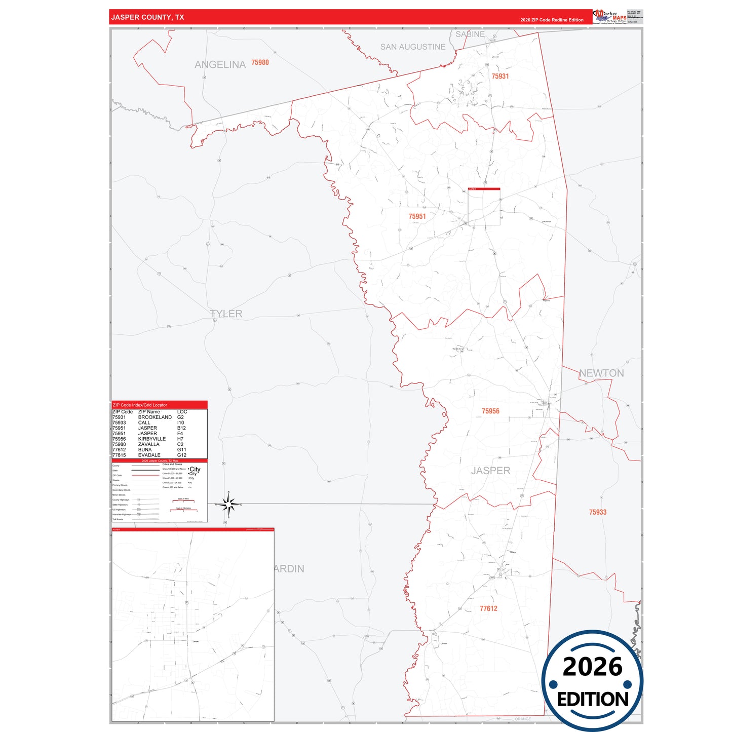 Jasper County, TX Red Line 5 Digit ZIP Code Wall Map