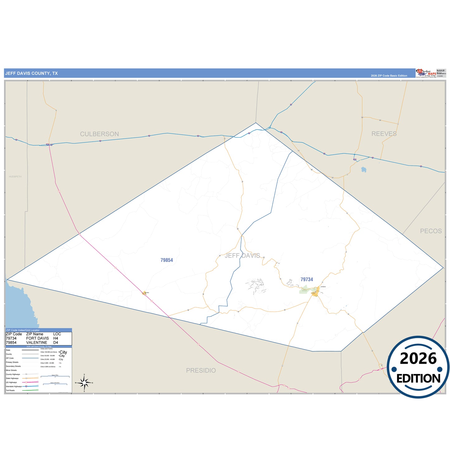 Jeff Davis County, TX Business Reference 5 Digit ZIP Code Wall Map