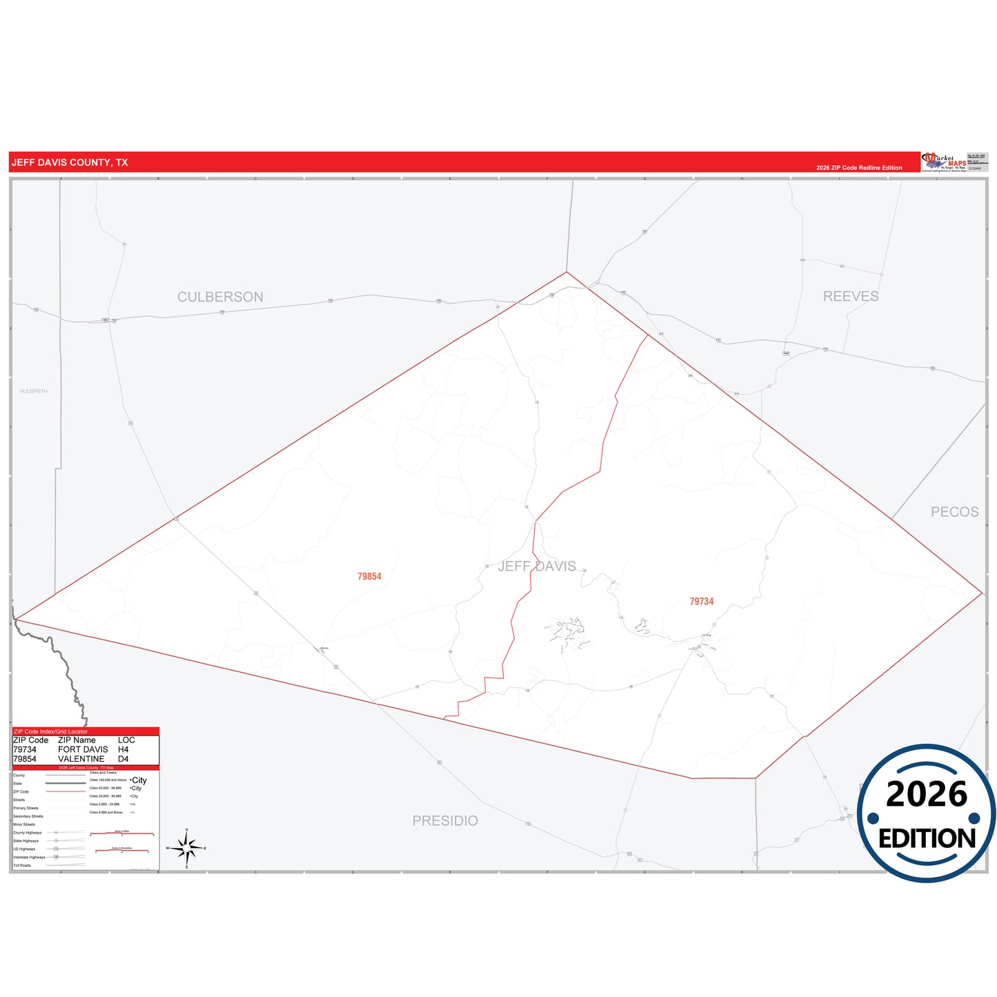 Jeff Davis County, TX Red Line 5 Digit ZIP Code Wall Map