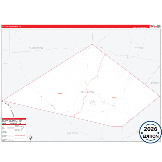 Jeff Davis County, TX Red Line 5 Digit ZIP Code Wall Map