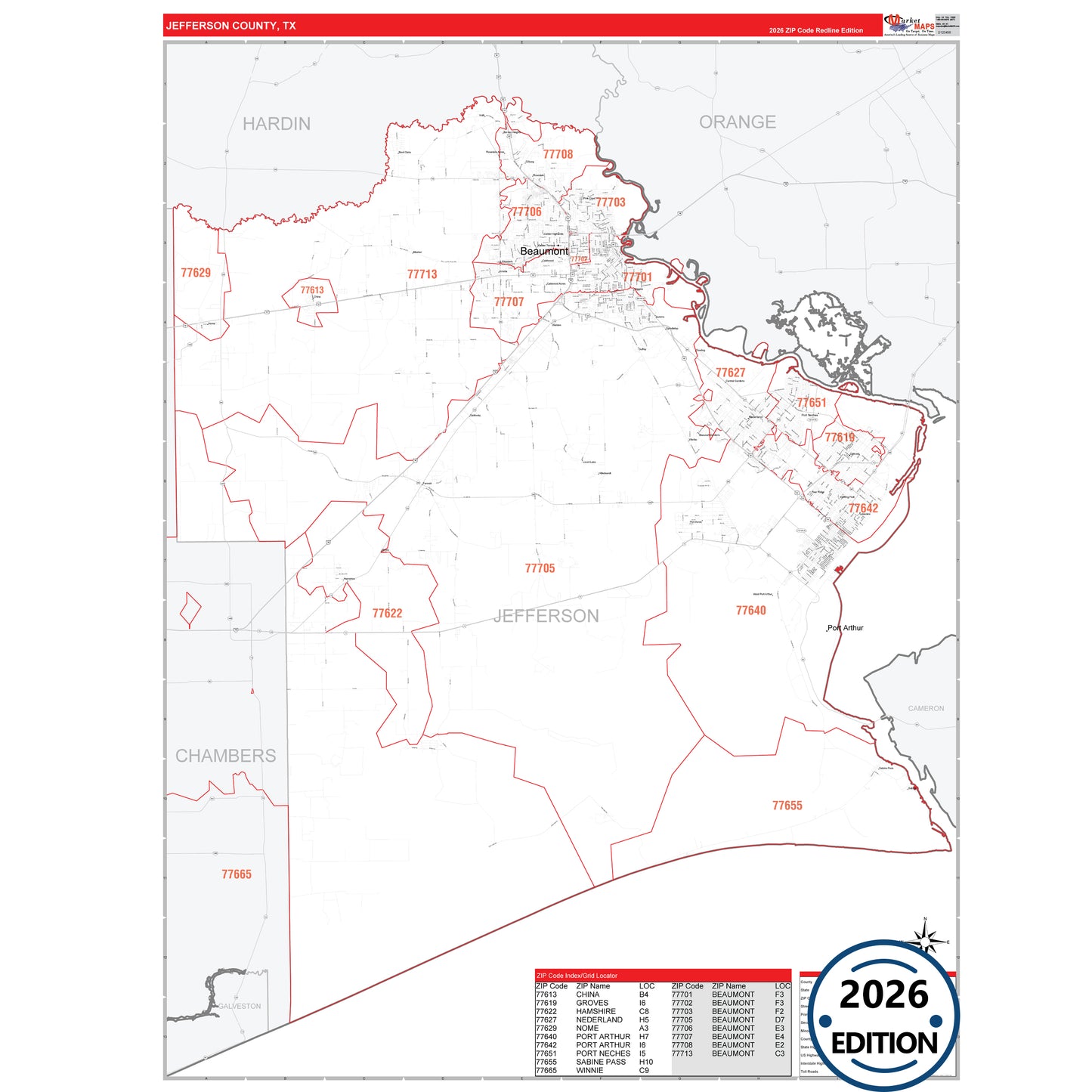 Jefferson County, TX Red Line 5 Digit ZIP Code Wall Map