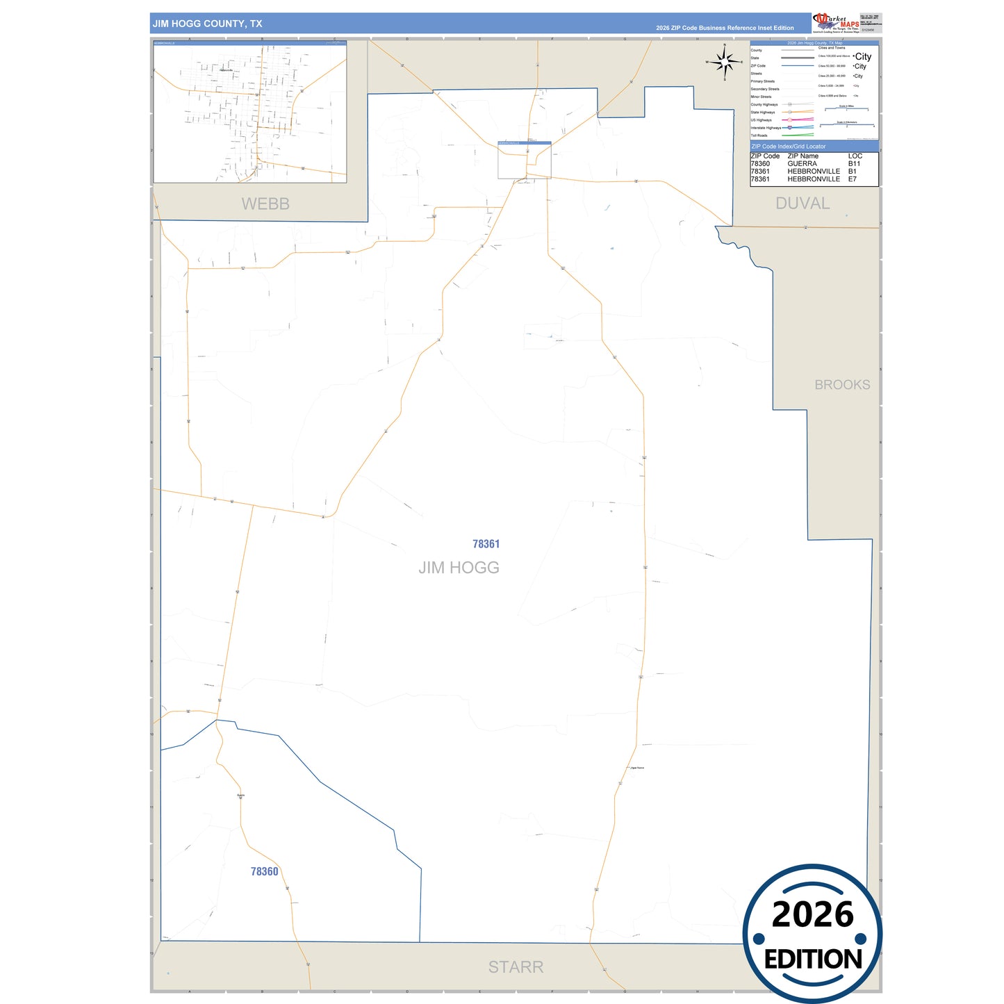 Jim Hogg County, TX Business Reference 5 Digit ZIP Code Wall Map